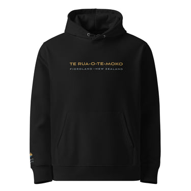Rua-o-te-Moko (Fiordland, New Zealand) Embroidered Organic Hoodie. Signature Collection Black